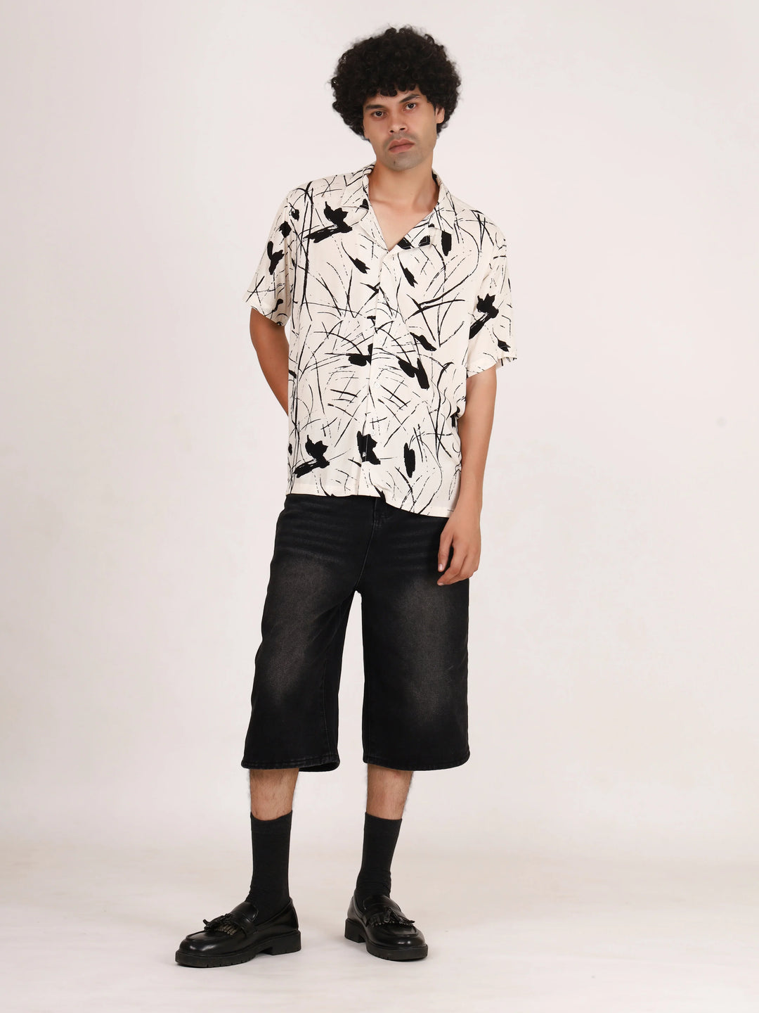 White Abstract Brushstroke Printed Shirt - Mens Relaxed Fit Half Sleeves