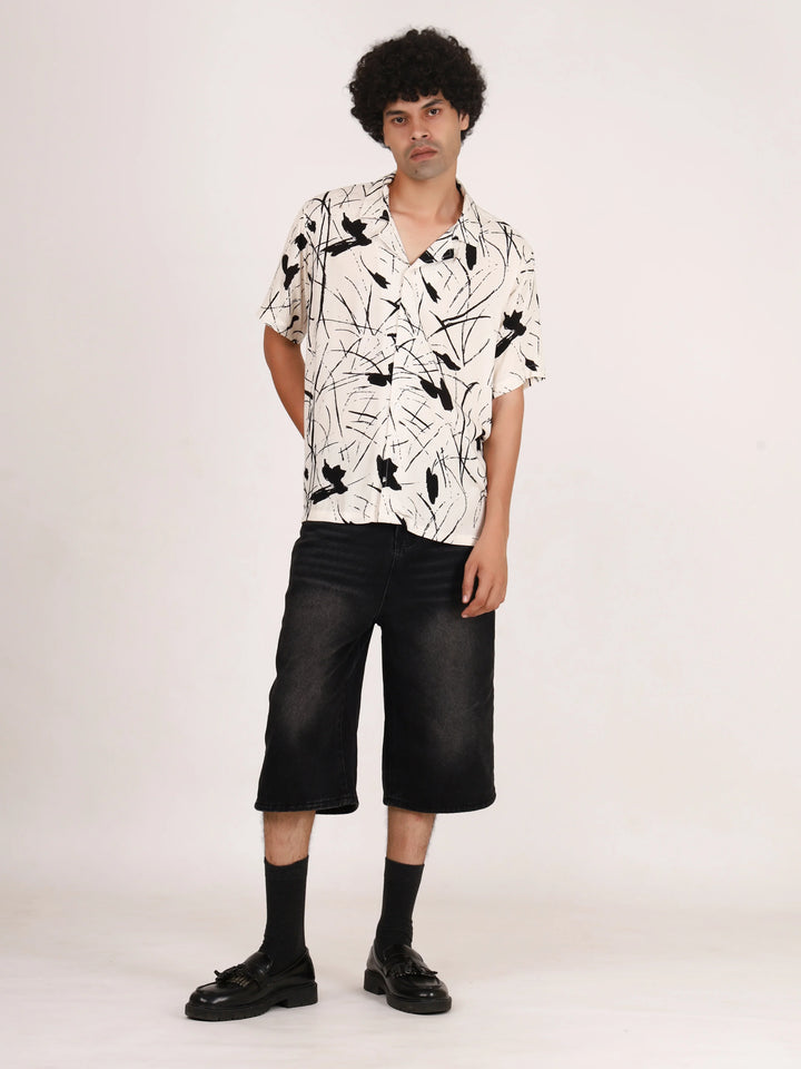 White Abstract Brushstroke Printed Shirt - Mens Relaxed Fit Half Sleeves
