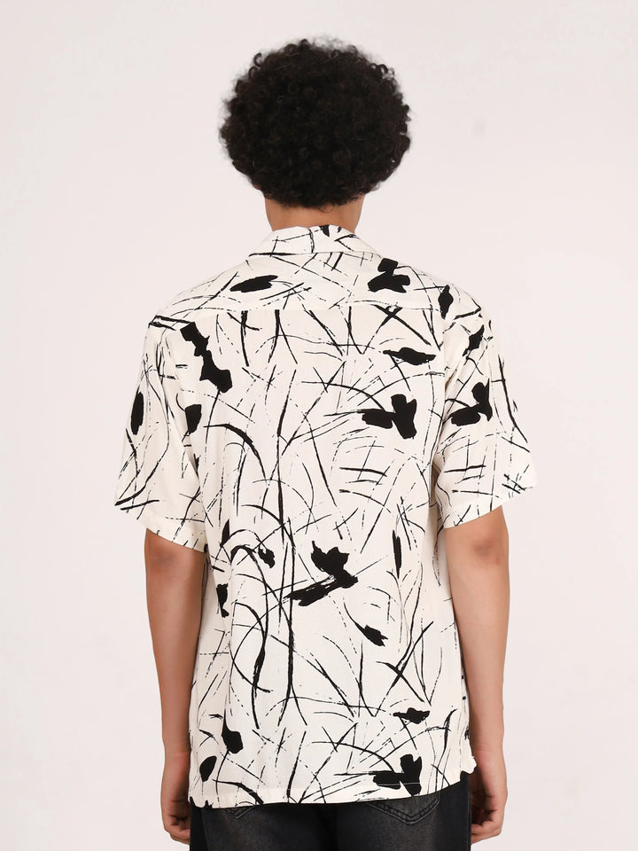White Abstract Brushstroke Printed Shirt - Mens Relaxed Fit Half Sleeves