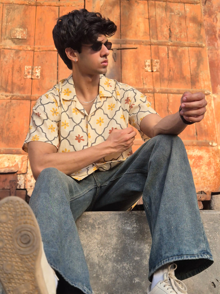 Yellow Motif Textured Cotton Shirt