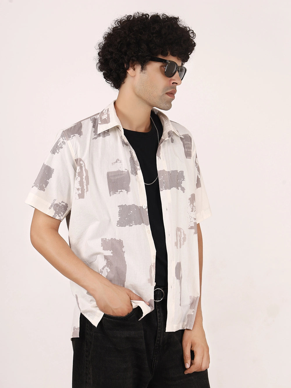 Brushstroke Off-White Cotton Shirt – Half Sleeves | Bristow Collection