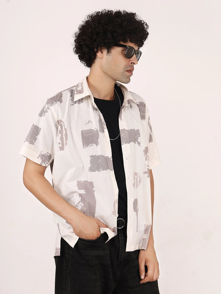 Brushstroke Off-White Cotton Shirt – Half Sleeves | Bristow Collection