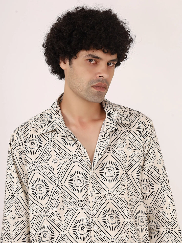 Geometric Print Off-White & Black Cotton Shirt – Full Sleeves, Regular Collar, Relaxed Fit