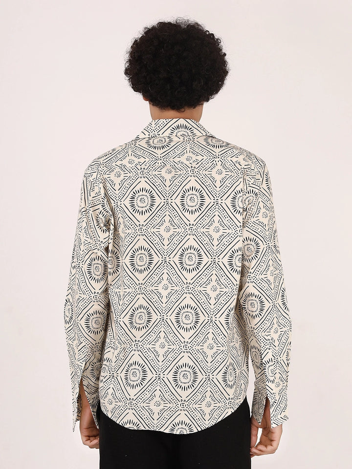 Felcor FC Men’s Off-White & Black Geometric Print Cotton Shirt | Full Sleeve ...