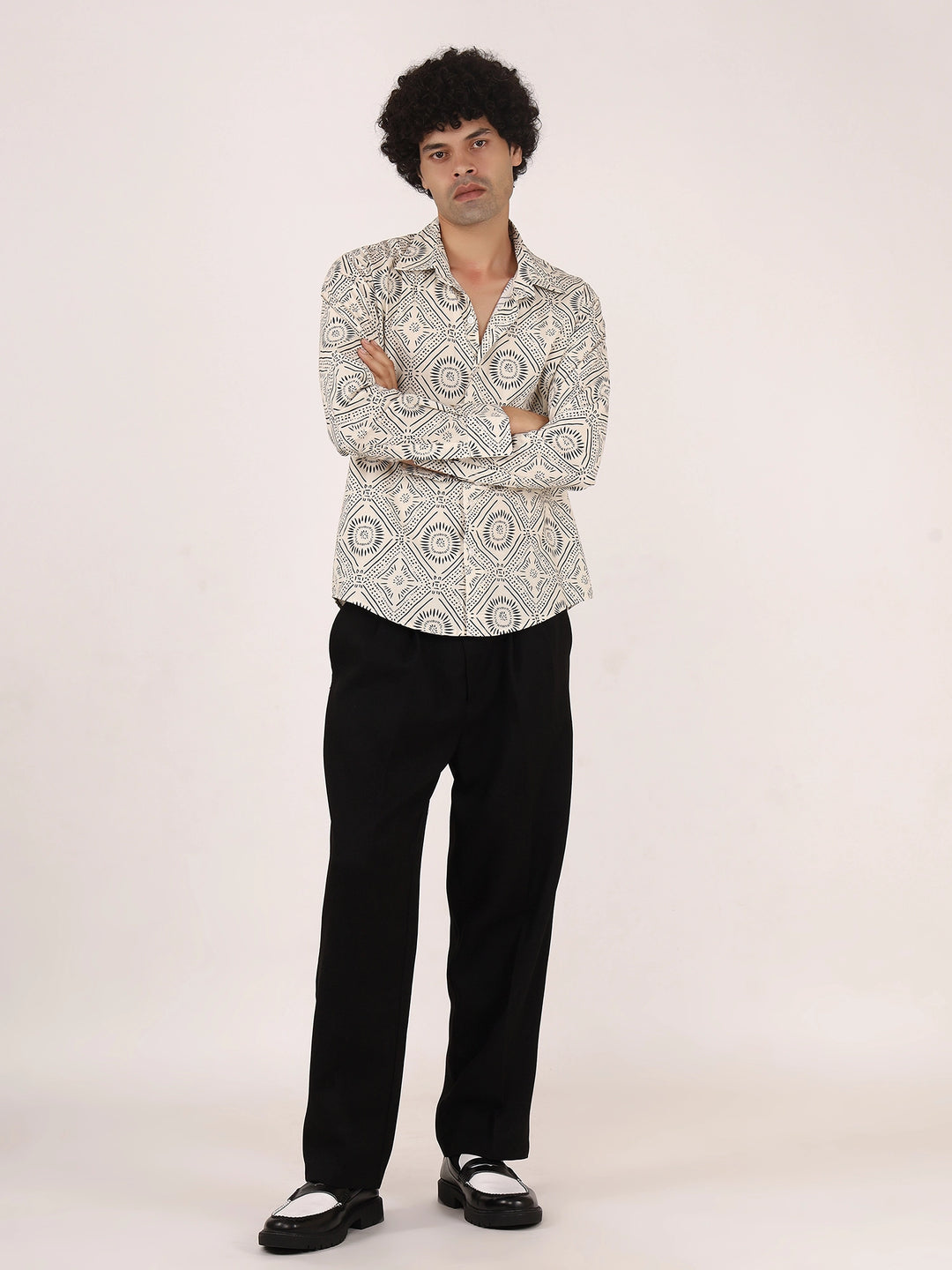 Geometric Print Off-White & Black Cotton Shirt – Full Sleeves, Regular Collar, Relaxed Fit