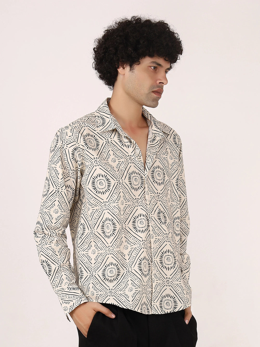 Felcor FC Men’s Off-White & Black Geometric Print Cotton Shirt | Full Sleeve ...
