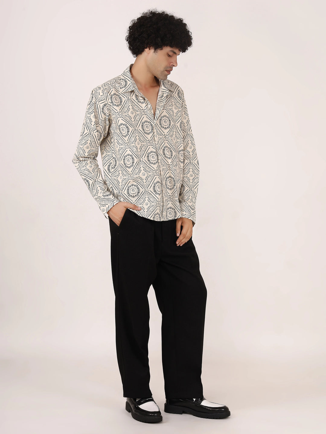 Geometric Print Off-White & Black Cotton Shirt – Full Sleeves, Regular Collar, Relaxed Fit