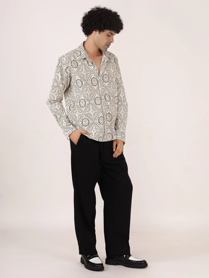 Geometric Print Off-White & Black Cotton Shirt – Full Sleeves, Regular Collar, Relaxed Fit