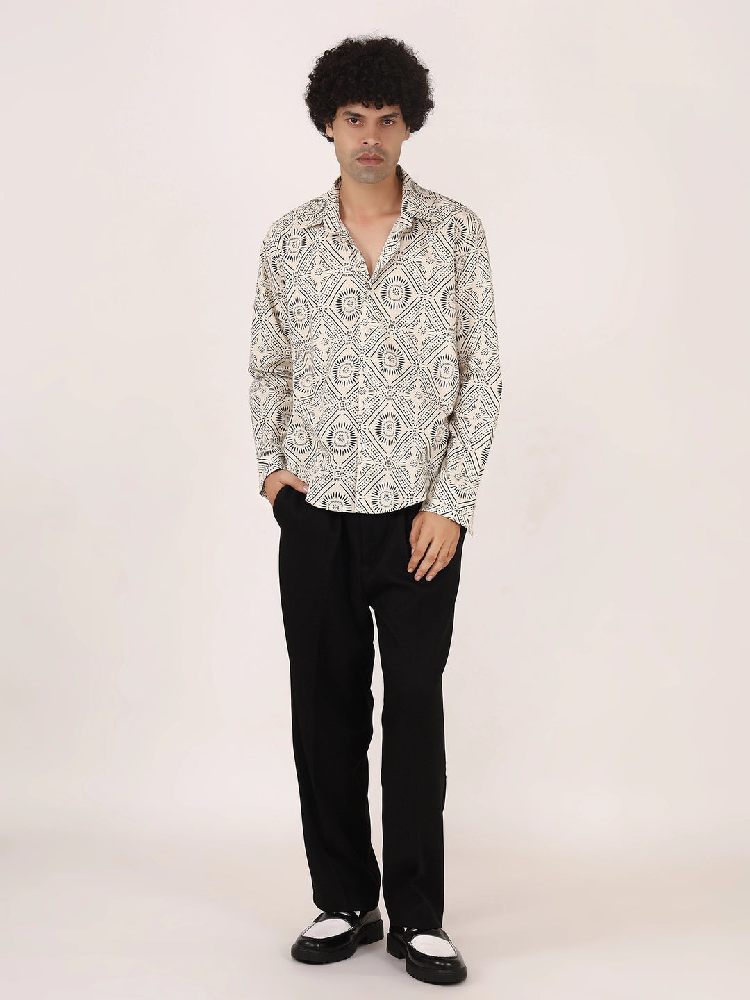 Geometric Print Off-White & Black Cotton Shirt – Full Sleeves, Regular Collar, Relaxed Fit