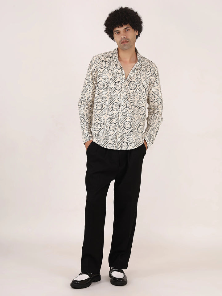 Felcor FC Men’s Off-White & Black Geometric Print Cotton Shirt | Full Sleeve ...