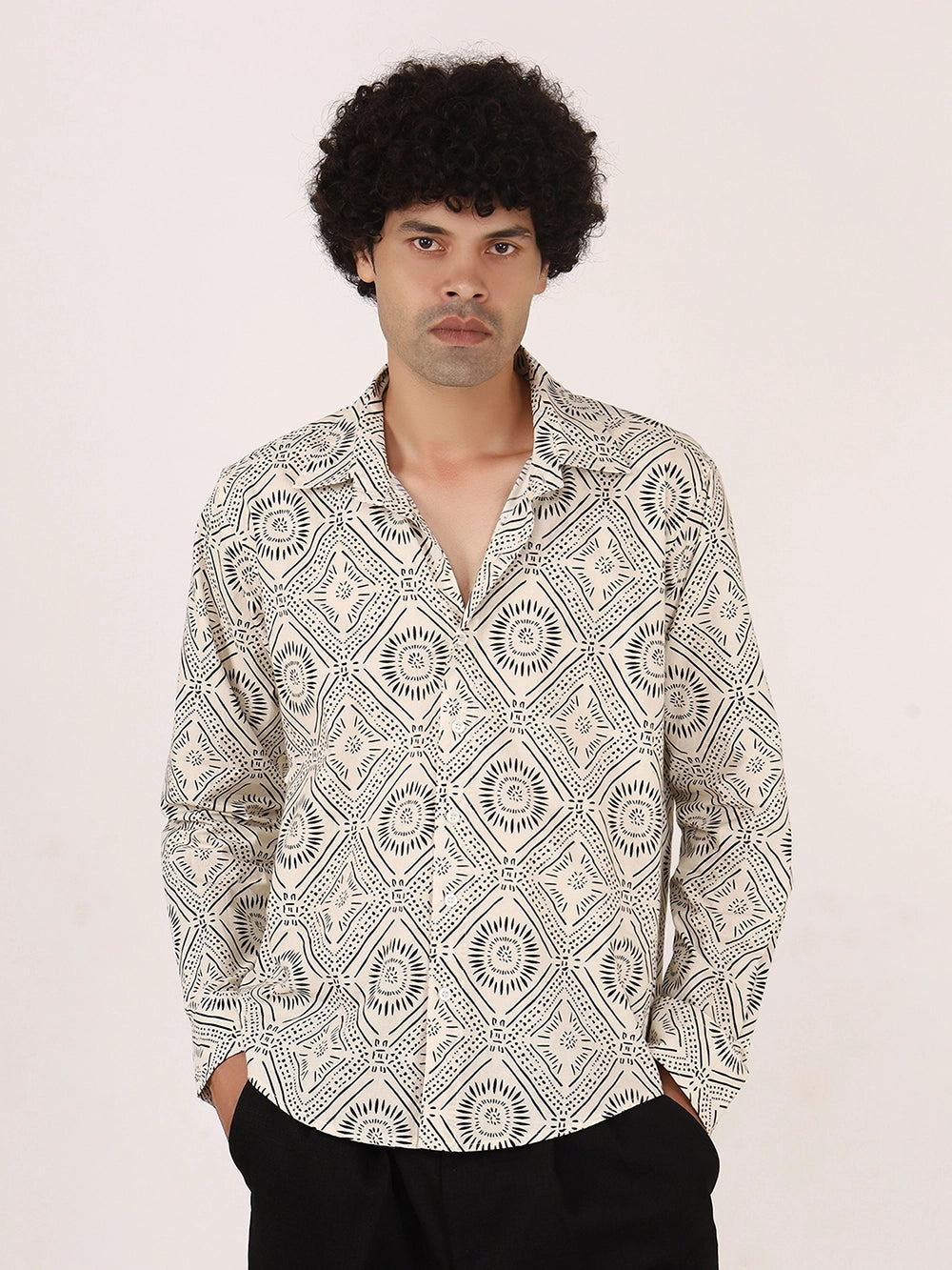 Felcor FC Men’s Off-White & Black Geometric Print Cotton Shirt | Full Sleeve ...