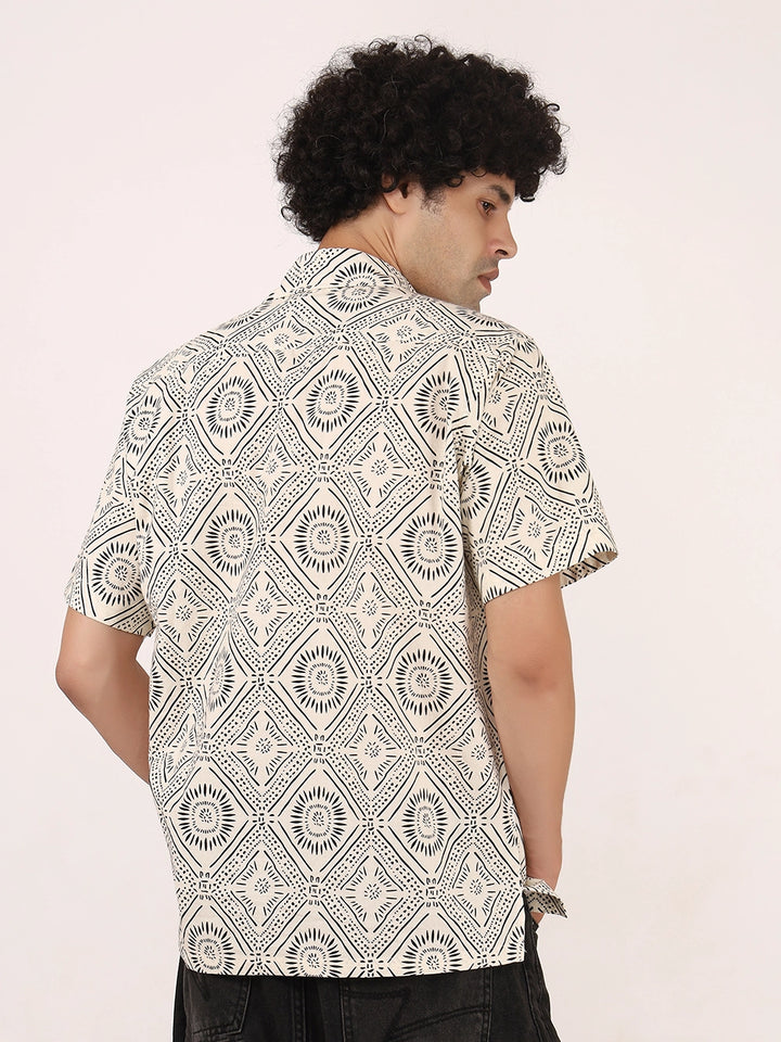 Off-White & Black Geometric Print Cotton Shirt – Half Sleeves, Relaxed Fit