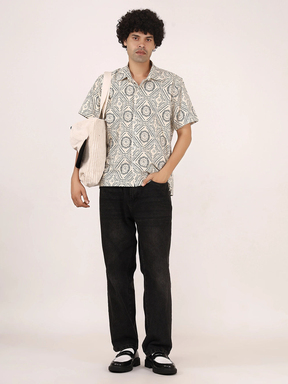 Off-White & Black Geometric Print Cotton Shirt – Half Sleeves, Relaxed Fit