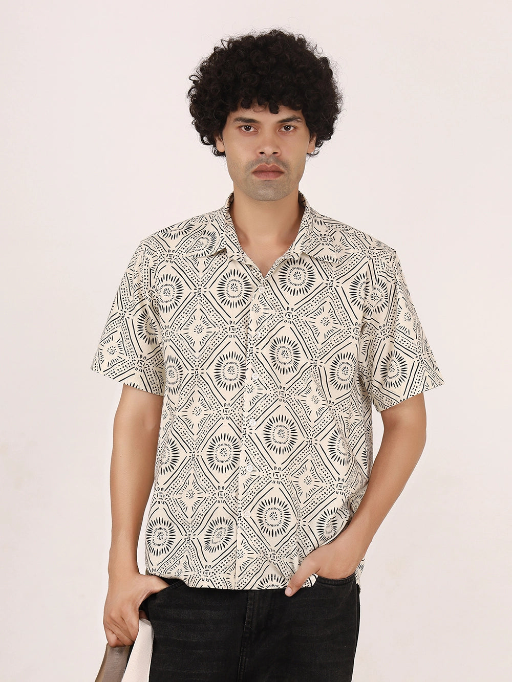 Off-White & Black Geometric Print Cotton Shirt – Half Sleeves, Relaxed Fit
