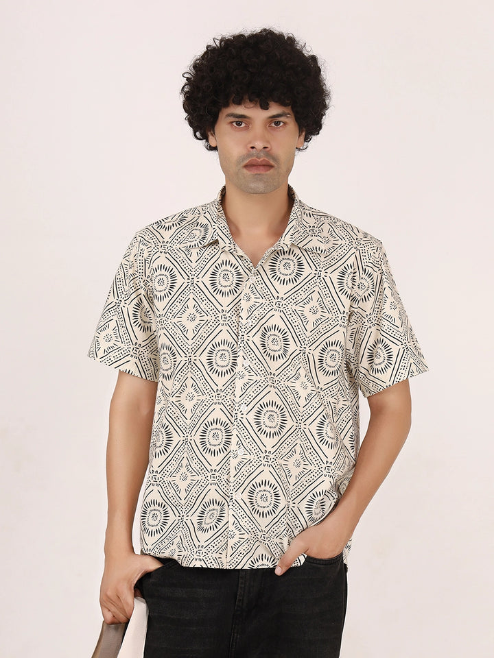 Off-White & Black Geometric Print Cotton Shirt – Half Sleeves, Relaxed Fit