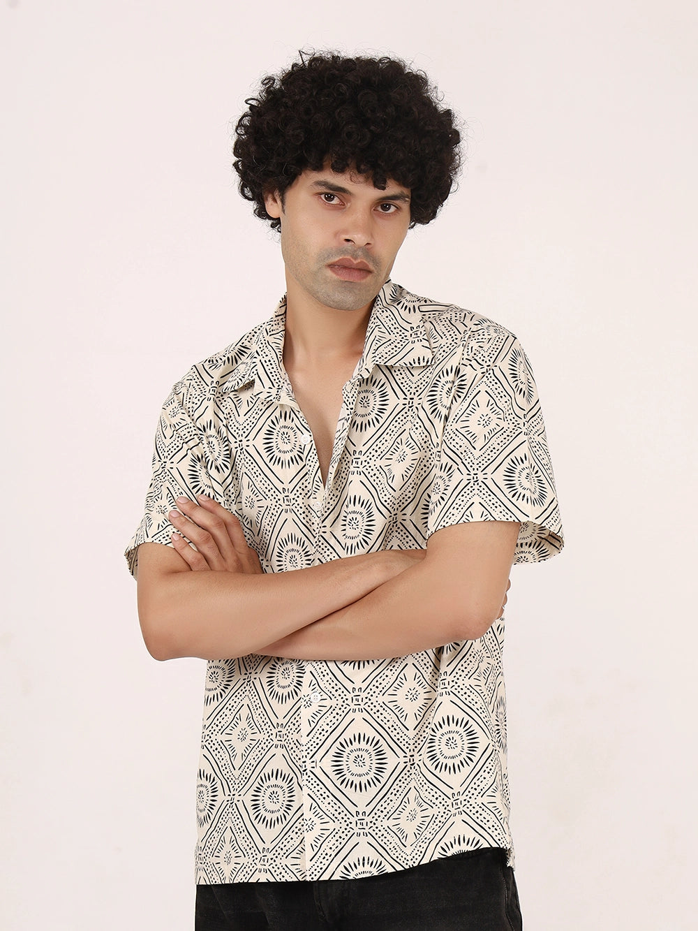 Off-White & Black Geometric Print Cotton Shirt – Half Sleeves, Relaxed Fit
