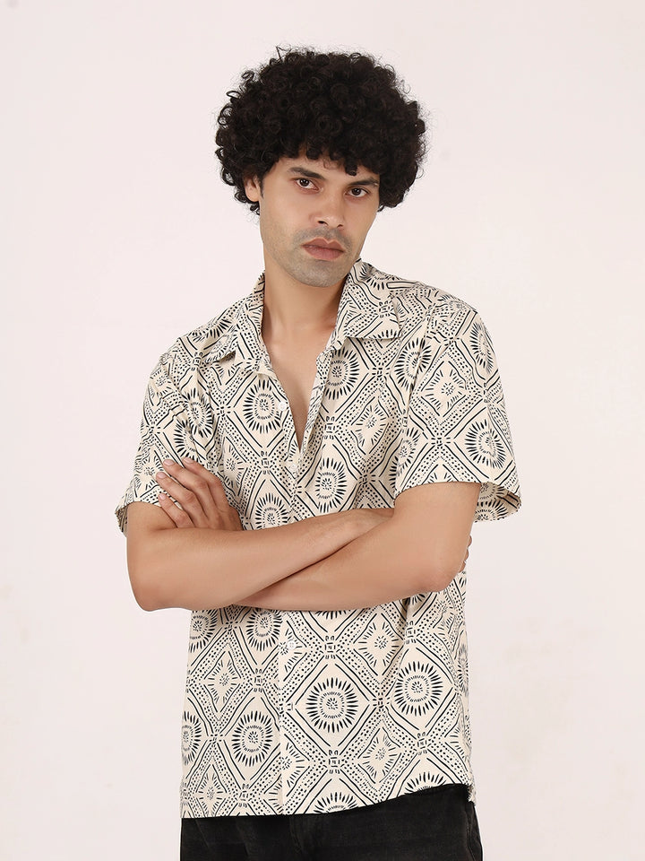 Off-White & Black Geometric Print Cotton Shirt – Half Sleeves, Relaxed Fit