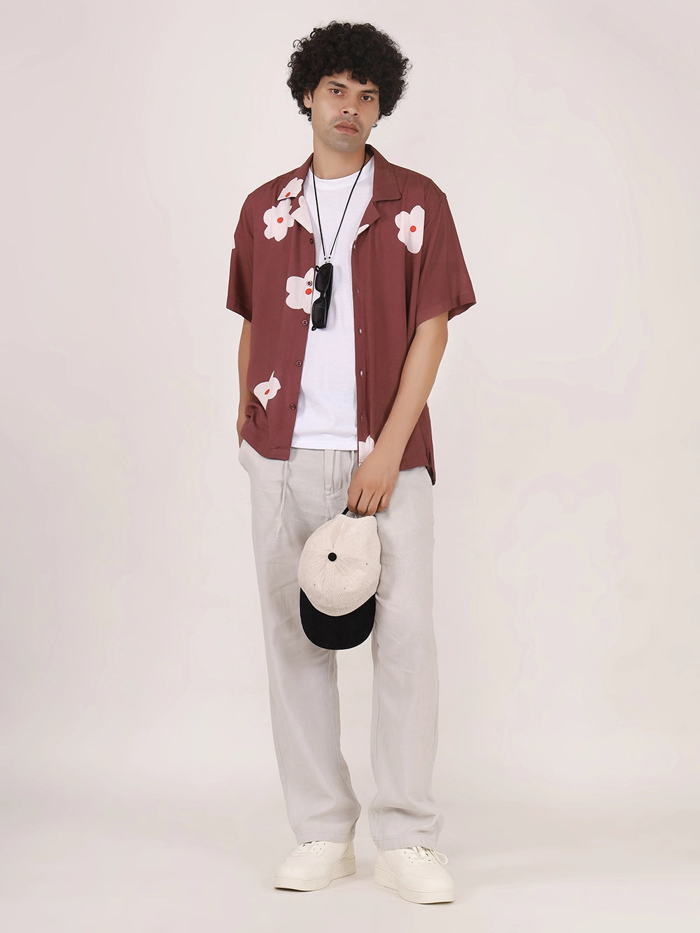 Botanical Printed Maroon Viscose Shirt – Cuban Collar, Short Sleeves, Relaxed Fit