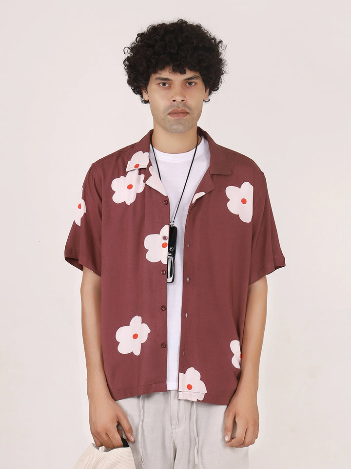 Botanical Printed Maroon Viscose Shirt – Cuban Collar, Short Sleeves, Relaxed Fit