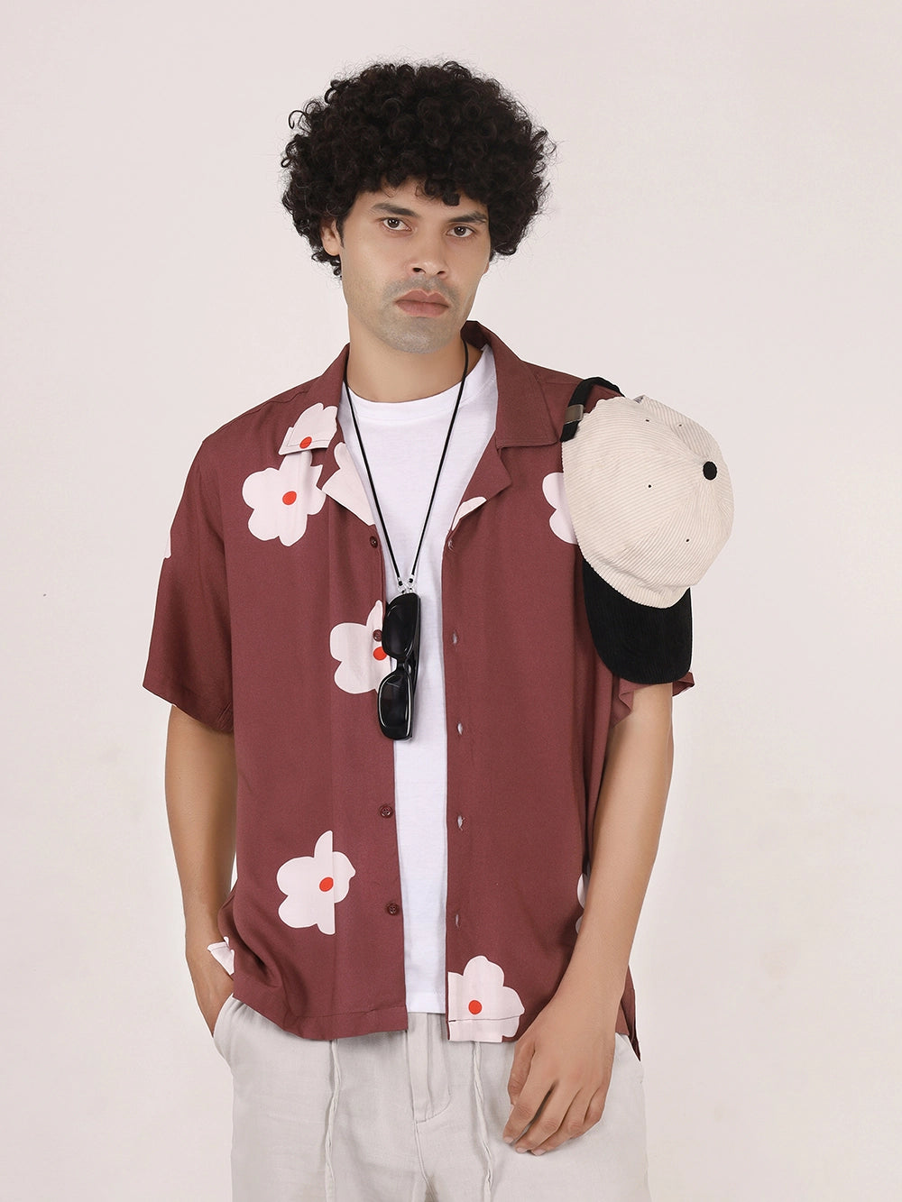 Botanical Printed Maroon Viscose Shirt – Cuban Collar, Short Sleeves, Relaxed Fit