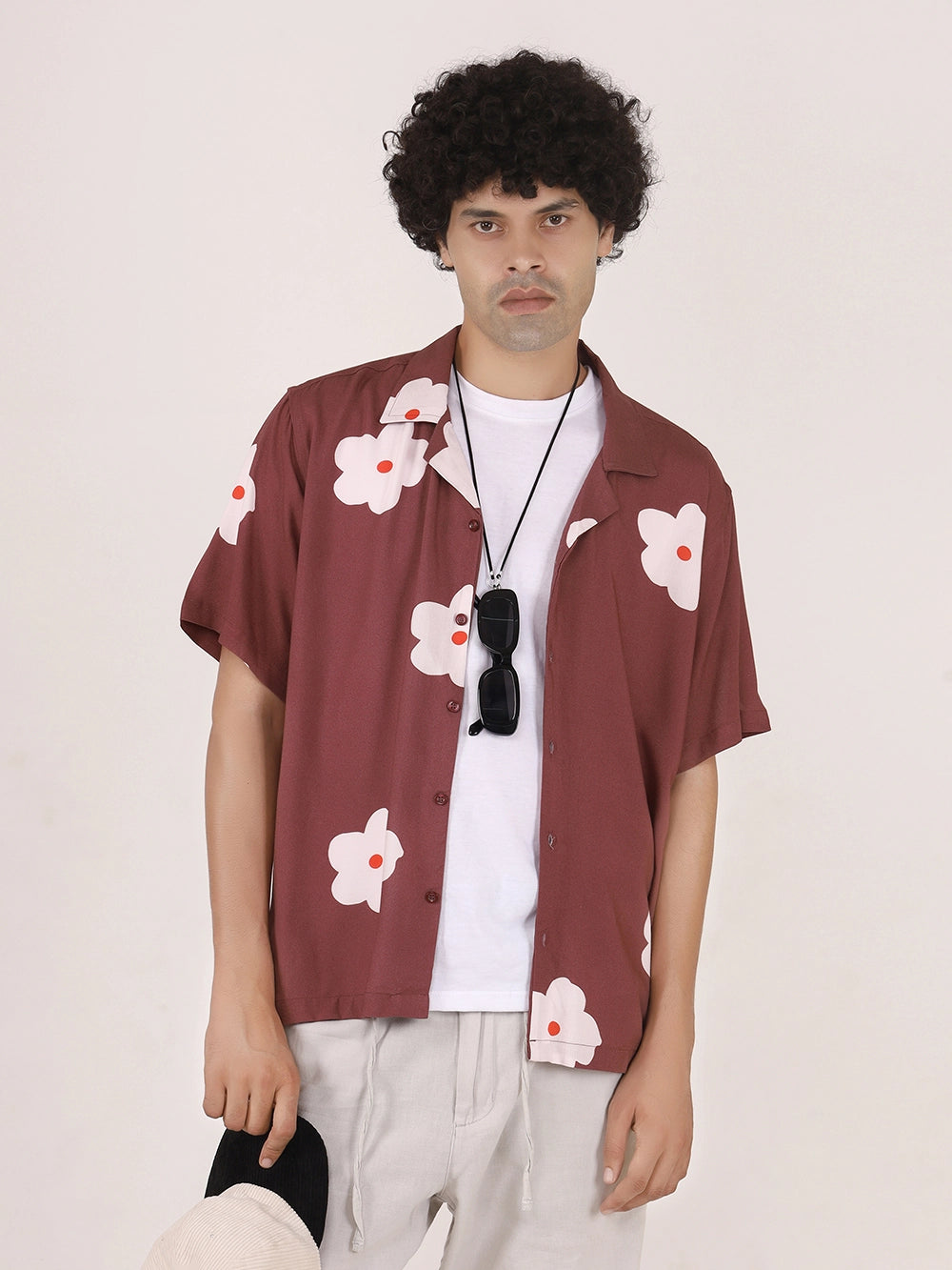 Botanical Printed Maroon Viscose Shirt – Cuban Collar, Short Sleeves, Relaxed Fit