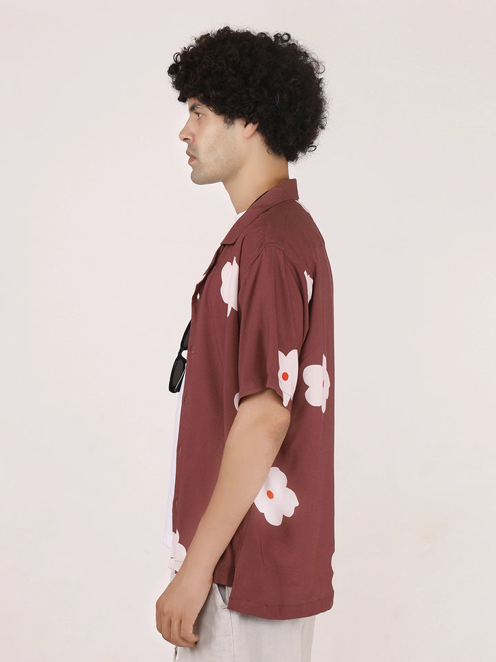 Botanical Printed Maroon Viscose Shirt – Cuban Collar, Short Sleeves, Relaxed Fit
