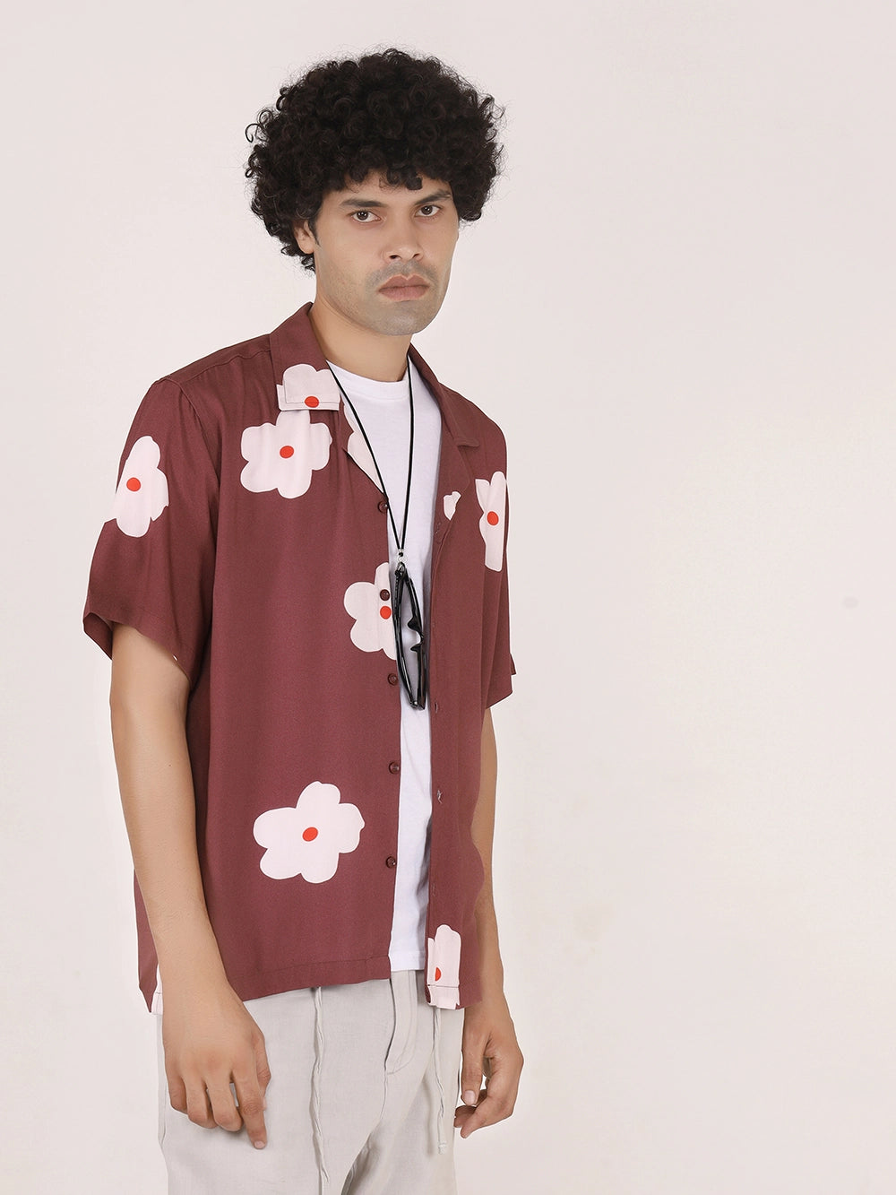 Botanical Printed Maroon Viscose Shirt – Cuban Collar, Short Sleeves, Relaxed Fit