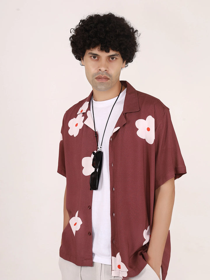 Botanical Printed Maroon Viscose Shirt – Cuban Collar, Short Sleeves, Relaxed Fit
