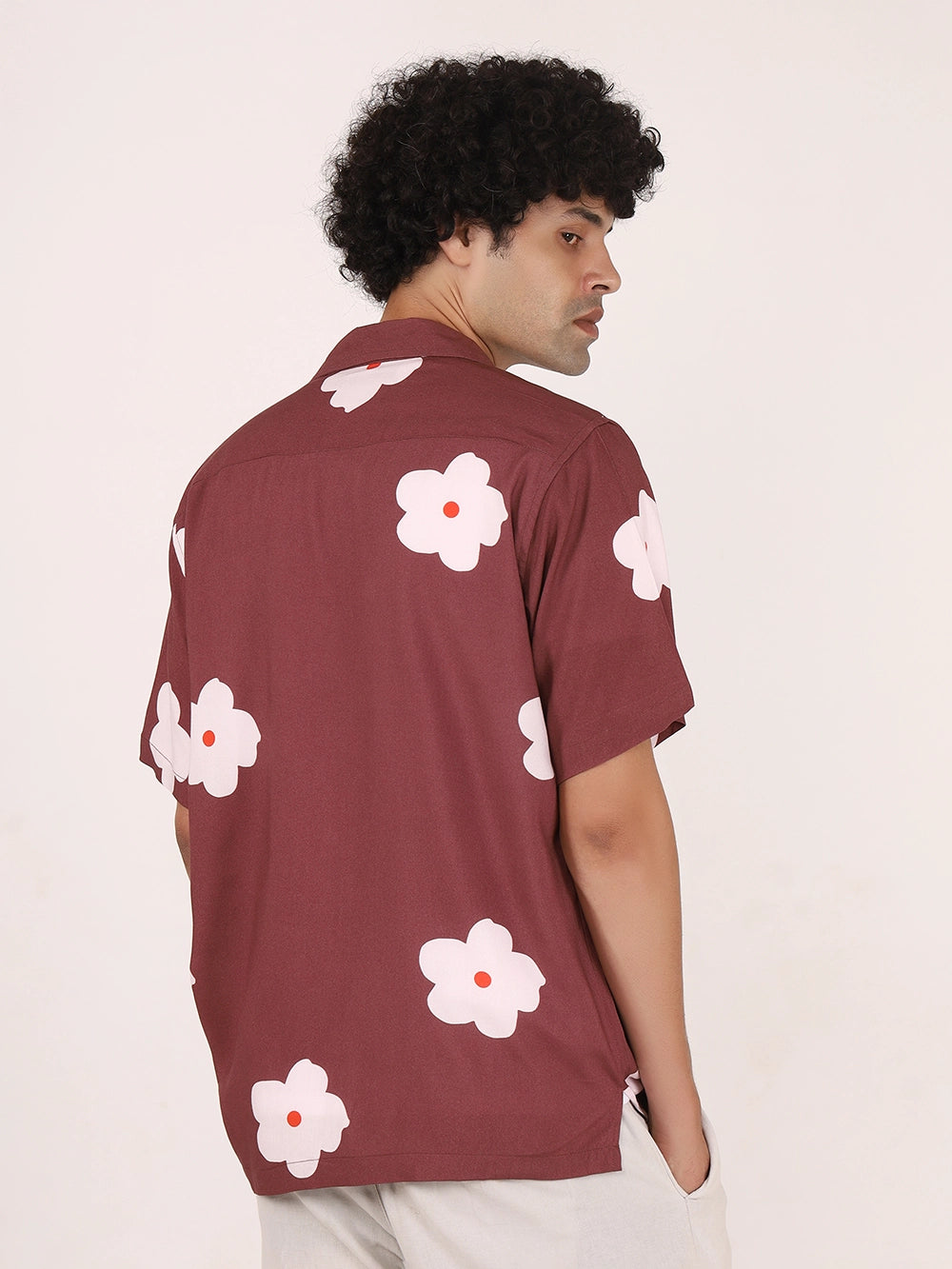 Botanical Printed Maroon Viscose Shirt – Cuban Collar, Short Sleeves, Relaxed Fit