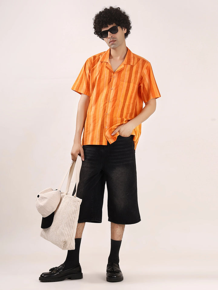 Orange Vertical Striped Cotton Shirt – 100% Cotton, Short Sleeves, Relaxed Fit
