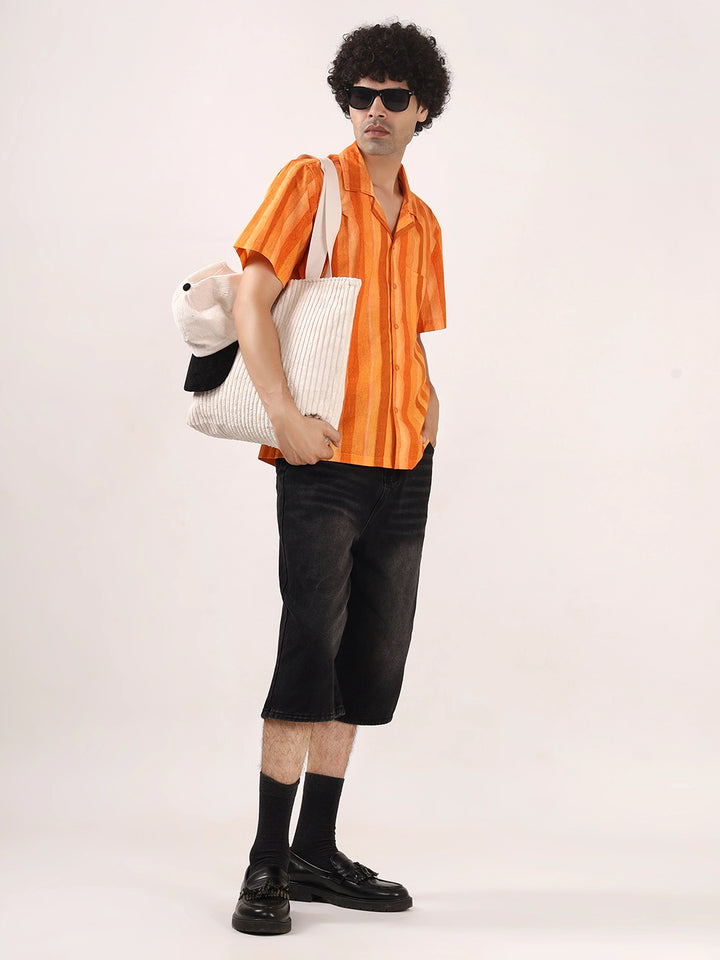 Orange Vertical Striped Cotton Shirt – 100% Cotton, Short Sleeves, Relaxed Fit