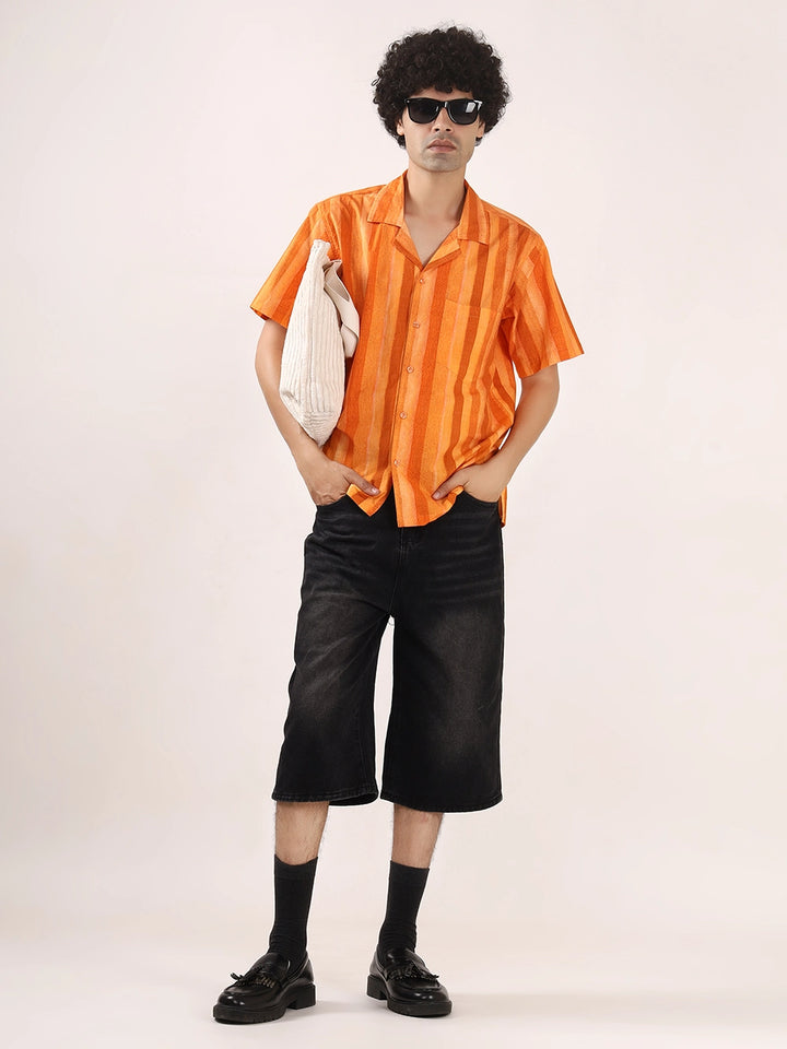 Orange Vertical Striped Cotton Shirt – 100% Cotton, Short Sleeves, Relaxed Fit