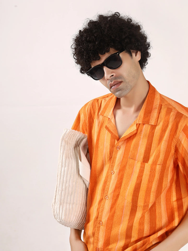 Orange Vertical Striped Cotton Shirt – 100% Cotton, Short Sleeves, Relaxed Fit
