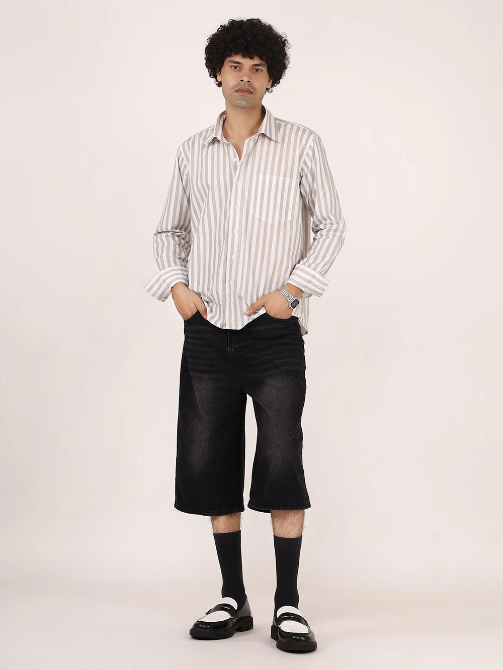 Vertical Striped Grey & White  Cotton Shirt | Full Sleeves, Relaxed Fit