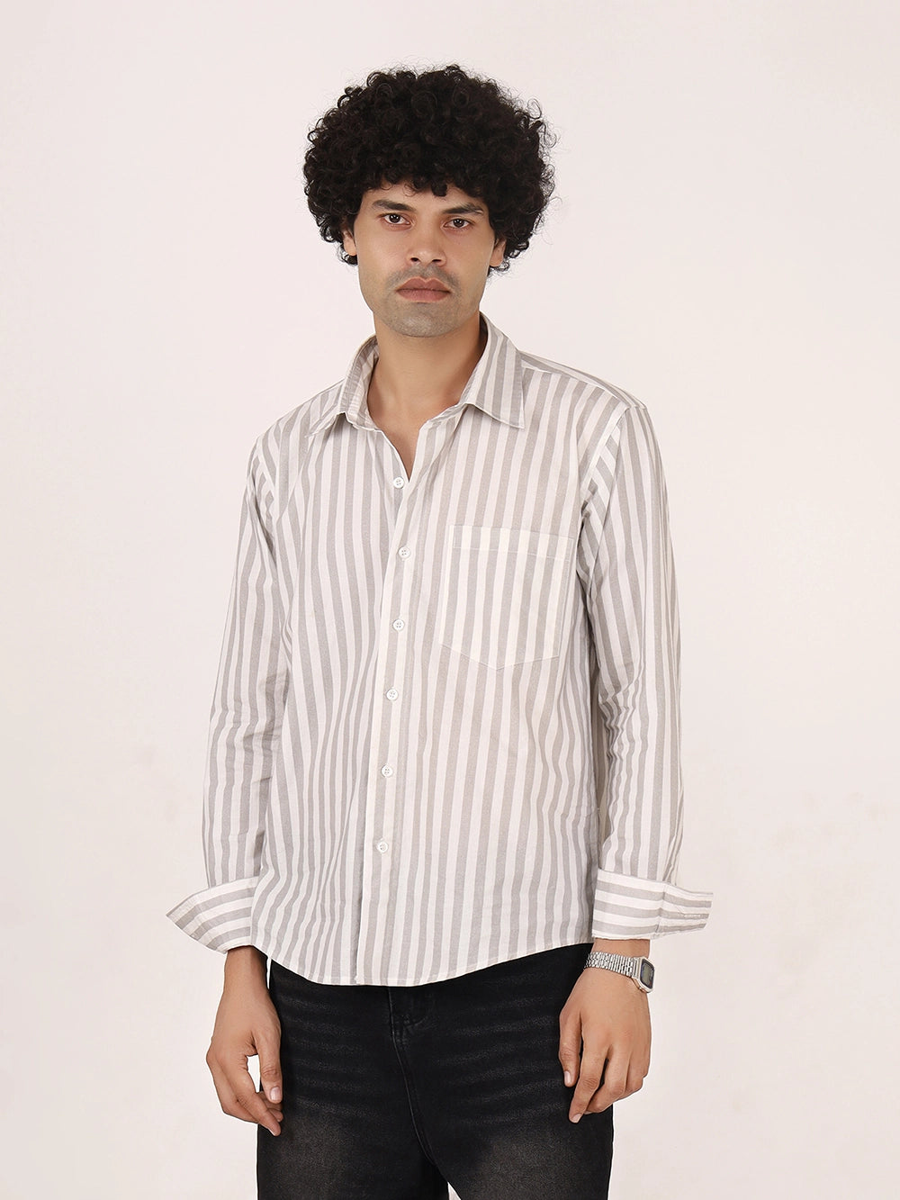 Vertical Striped Grey & White  Cotton Shirt | Full Sleeves, Relaxed Fit