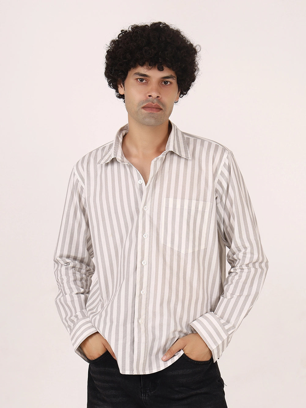 Vertical Striped Grey & White  Cotton Shirt | Full Sleeves, Relaxed Fit