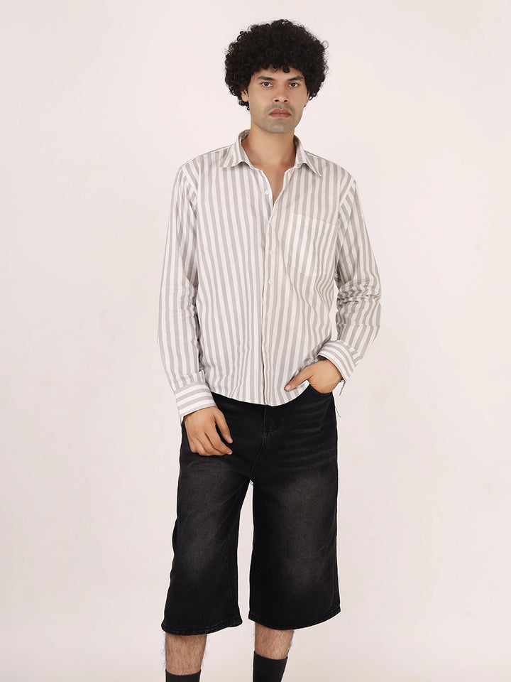 Vertical Striped Grey & White  Cotton Shirt | Full Sleeves, Relaxed Fit
