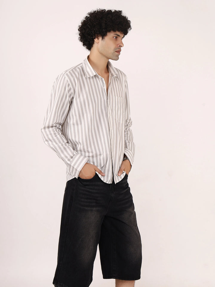 Vertical Striped Grey & White  Cotton Shirt | Full Sleeves, Relaxed Fit