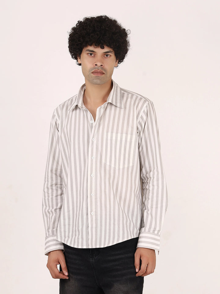Vertical Striped Grey & White  Cotton Shirt | Full Sleeves, Relaxed Fit
