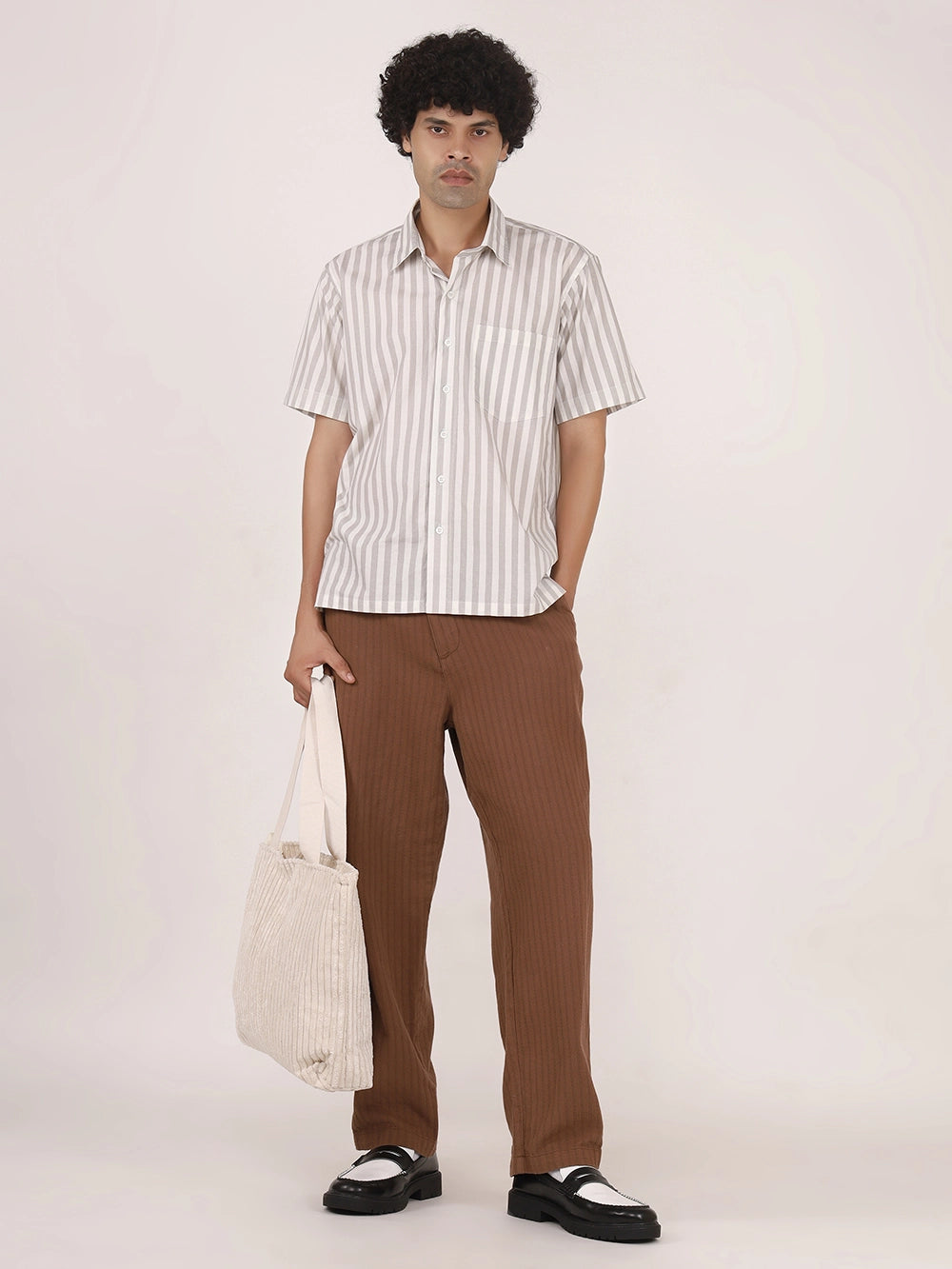 White & Grey Vertical Striped Cotton Shirt – Half Sleeves, Relaxed Fit