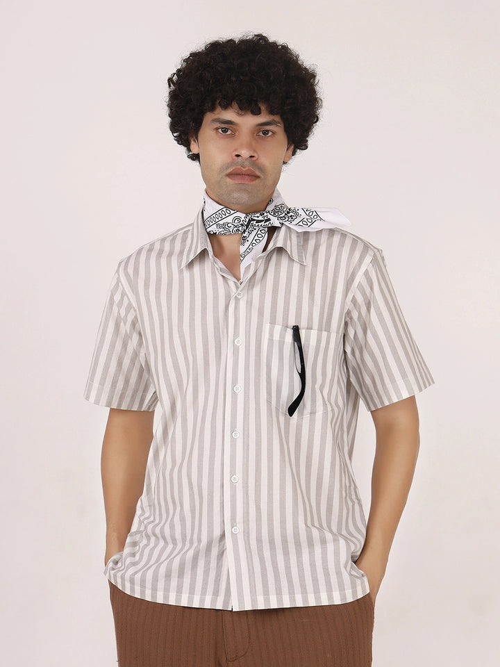 White & Grey Vertical Striped Cotton Shirt – Half Sleeves, Relaxed Fit