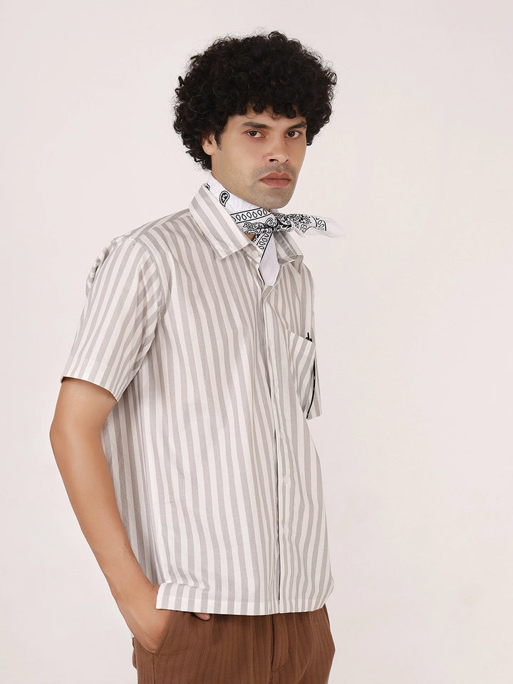 White & Grey Vertical Striped Cotton Shirt – Half Sleeves, Relaxed Fit