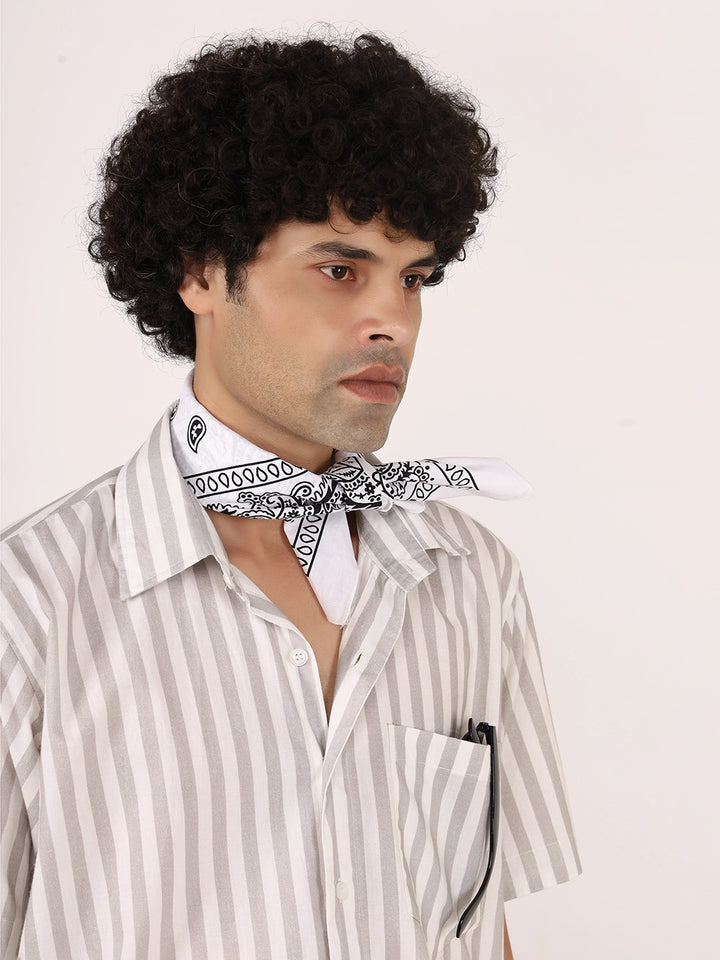 White & Grey Vertical Striped Cotton Shirt – Half Sleeves, Relaxed Fit