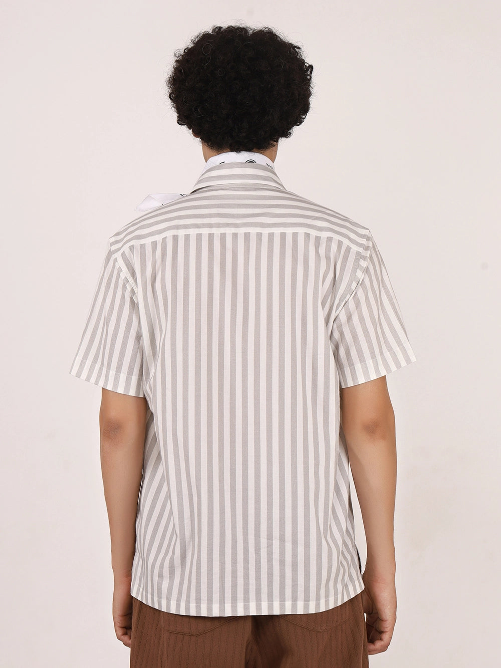 White & Grey Vertical Striped Cotton Shirt – Half Sleeves, Relaxed Fit