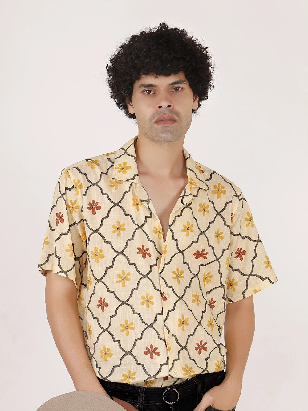 Yellow Motif Textured Cotton Shirt