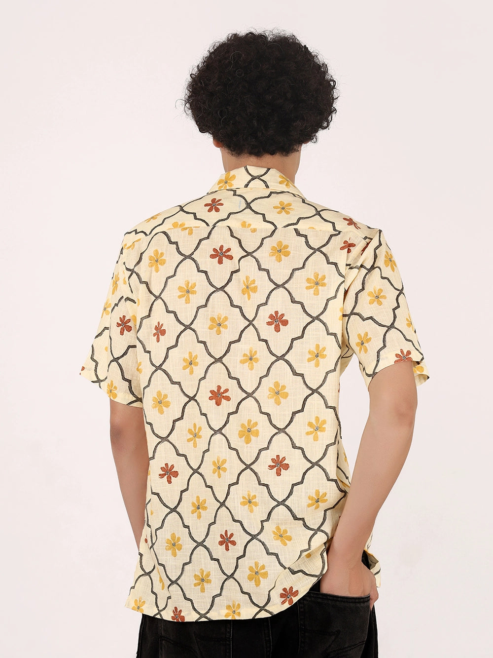 Yellow Motif Textured Cotton Shirt