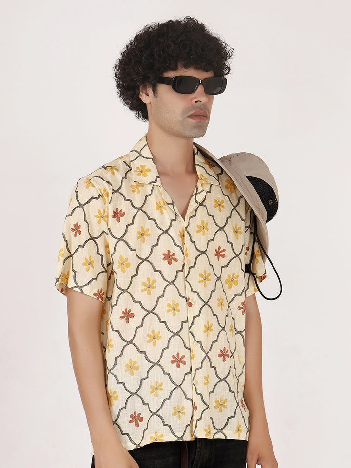 Yellow Motif Textured Cotton Shirt