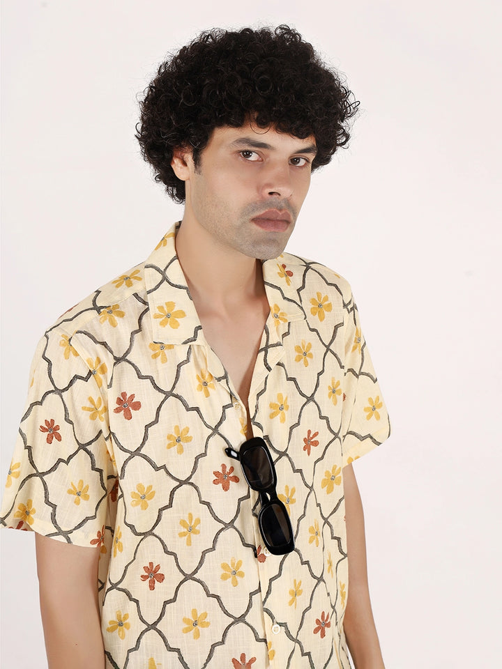 Yellow Motif Textured Cotton Shirt