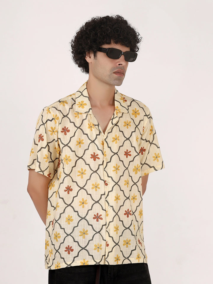 Yellow Motif Textured Cotton Shirt
