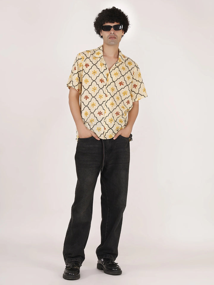 Yellow Motif Textured Cotton Shirt